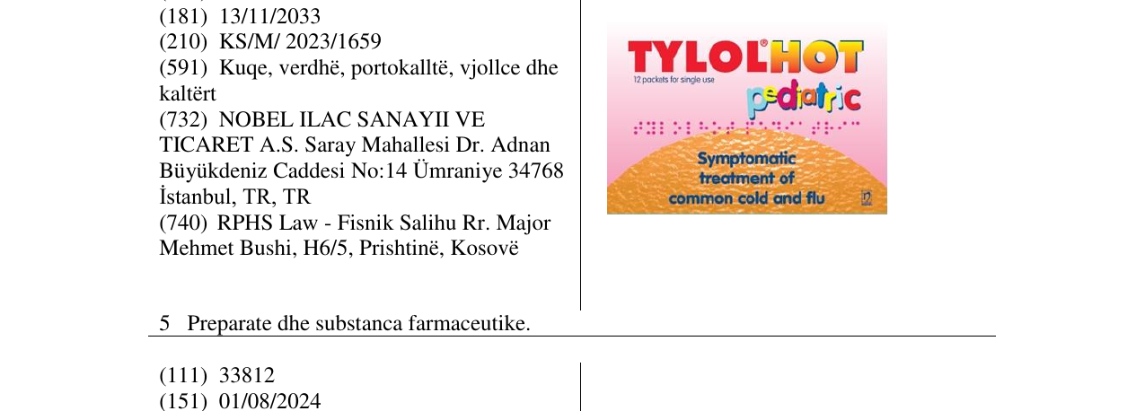 Zëri i markës TYLOLHOT pediatric në buletin