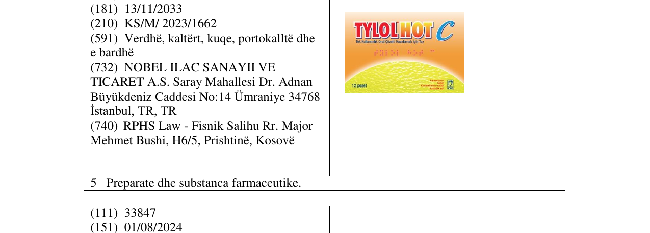 Zëri i markës TYLOLHOT C në buletin