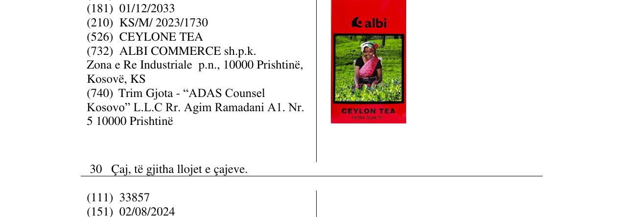 Zëri i markës albi CEYLONE TEA në buletin