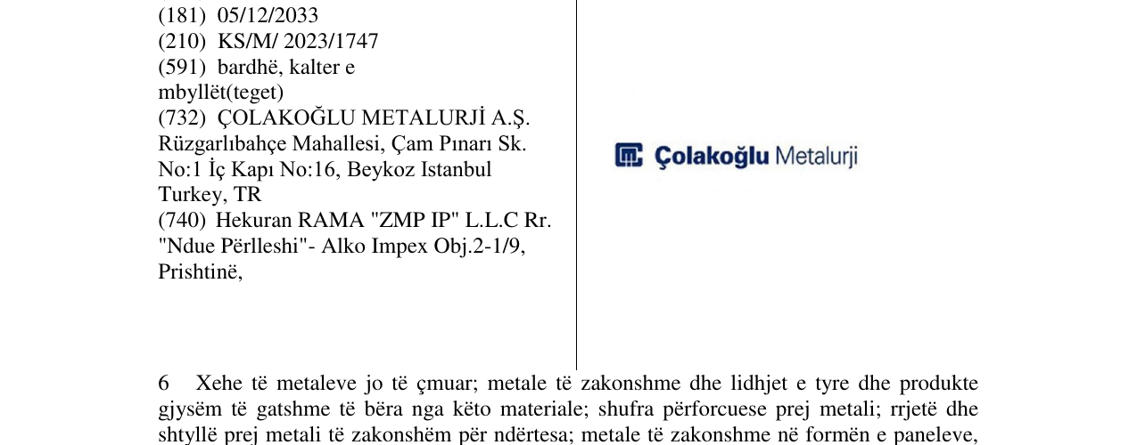 Zëri i markës Colakoglu Metalurji në buletin