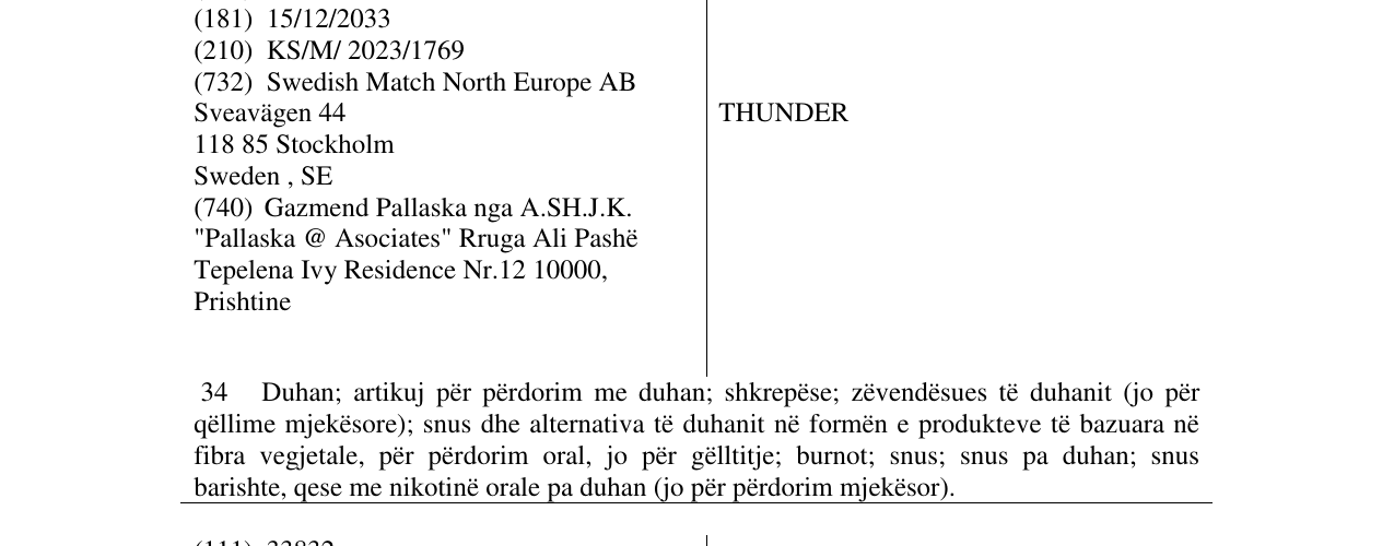 Zëri i markës THUNDER në buletin