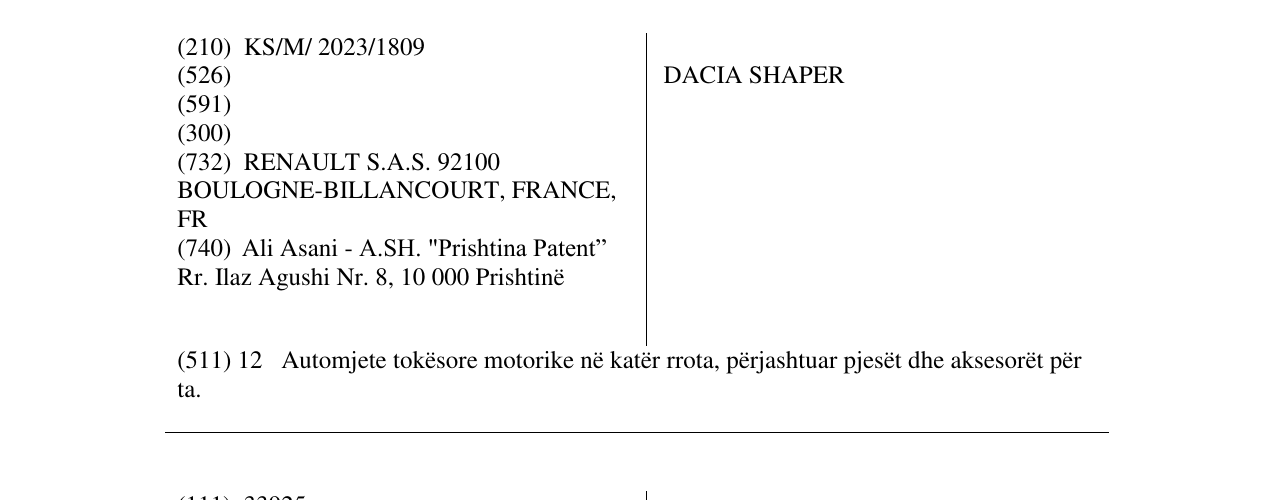 Zëri i markës DACIA SHAPER në buletin