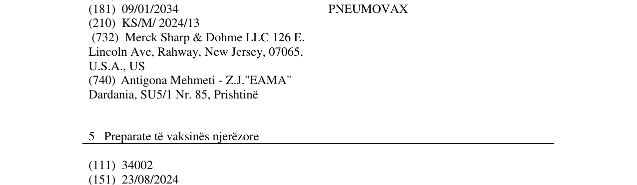 Zëri i markës PNEUMOVAX në buletin
