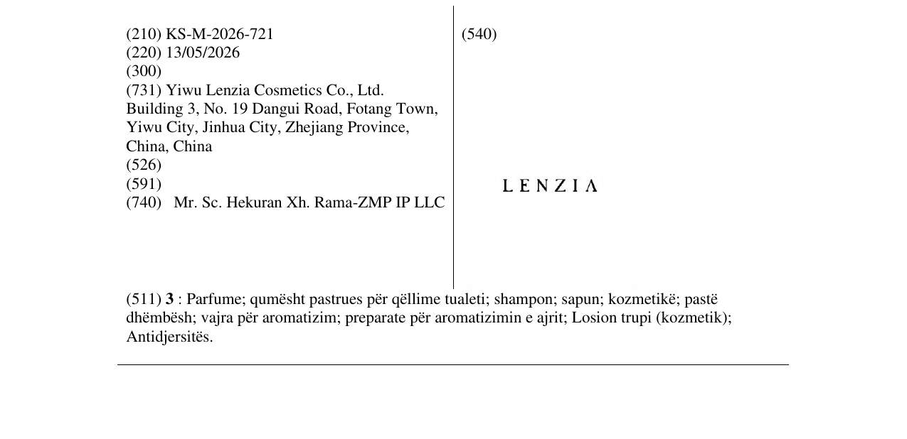 Zëri i markës KS/M/2026/721 në buletin