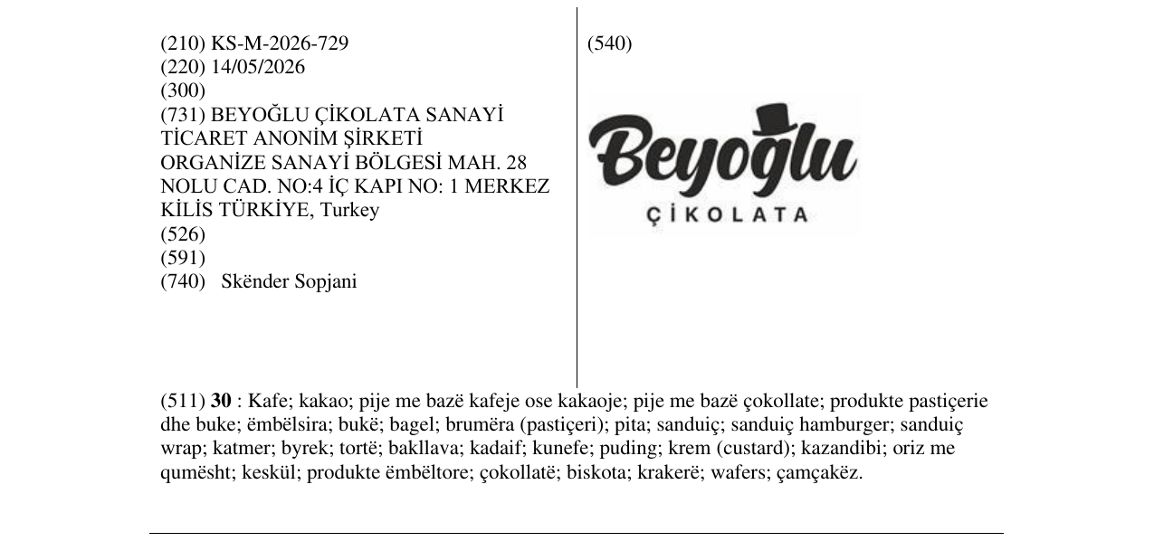 Zëri i markës KS/M/2026/729 në buletin