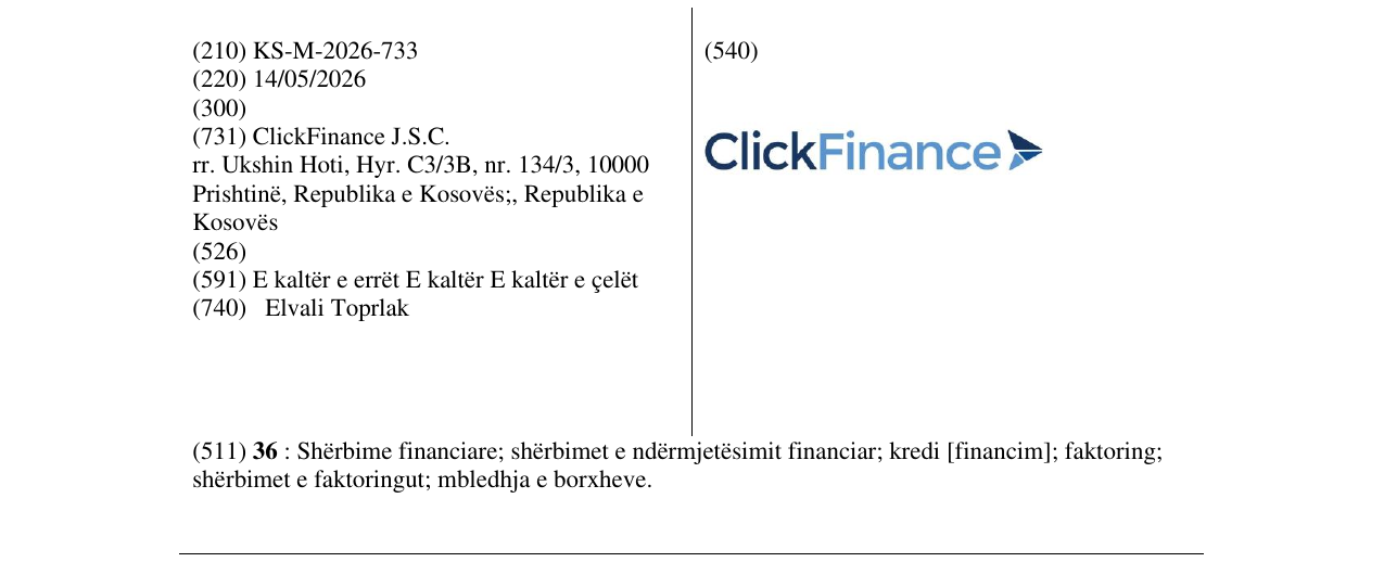 Zëri i markës KS/M/2026/733 në buletin