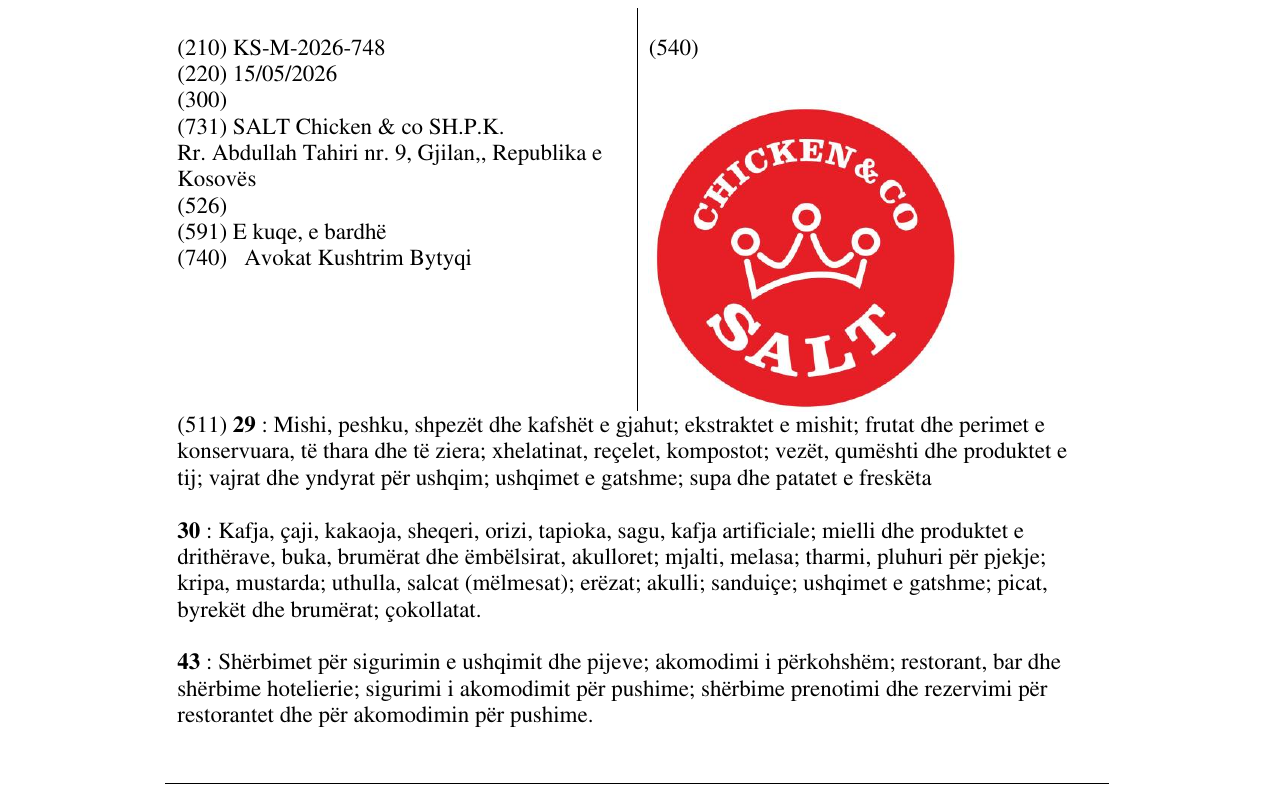 Zëri i markës KS/M/2026/748 në buletin