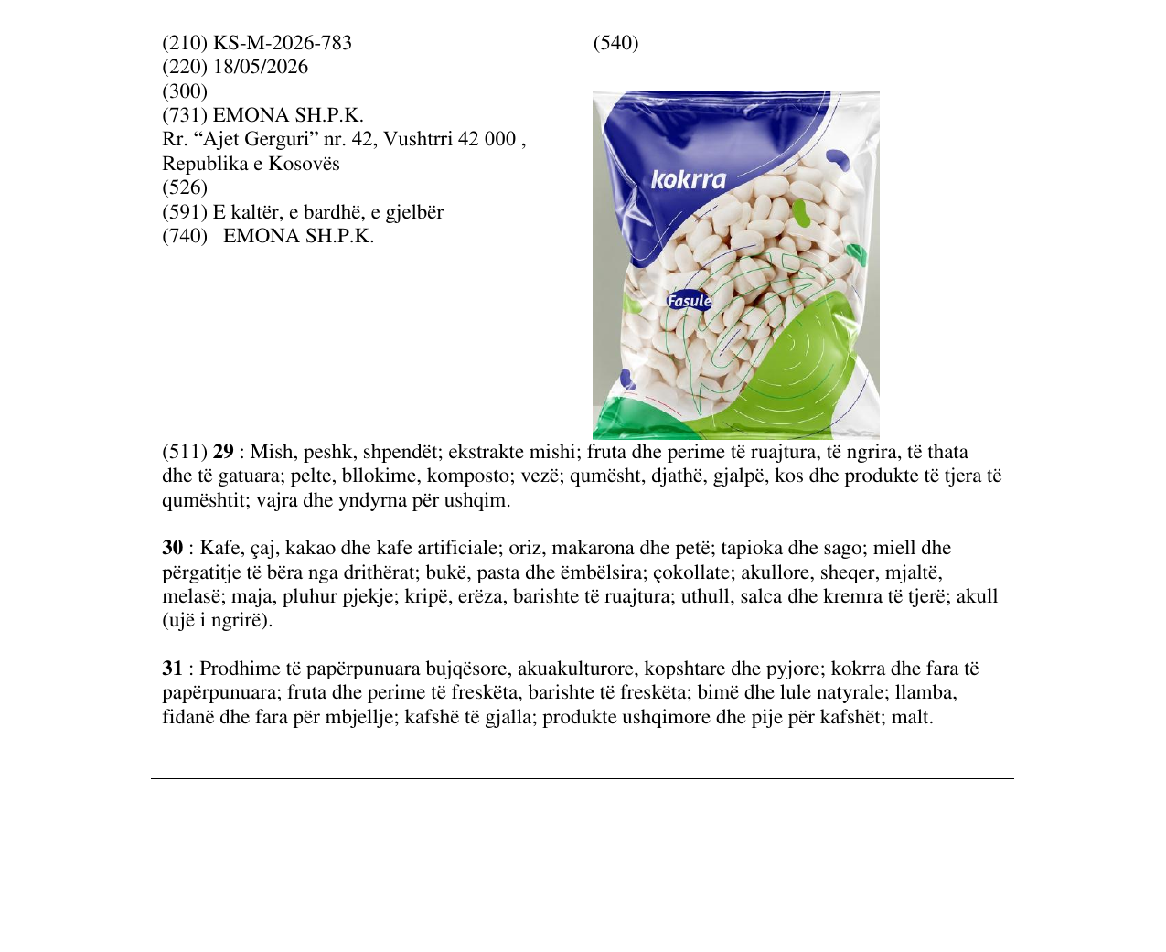 Zëri i markës KS/M/2026/783 në buletin