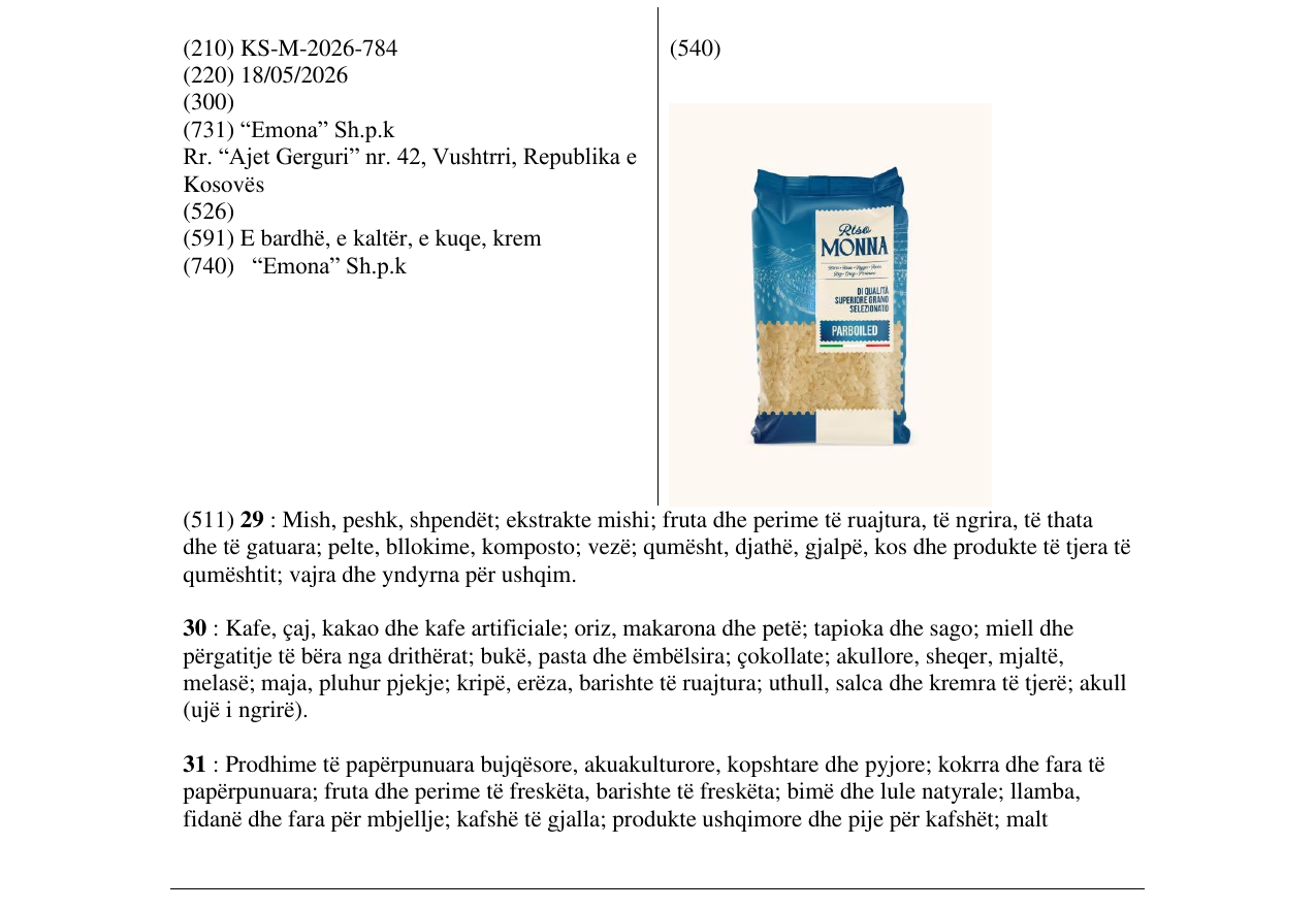 Zëri i markës KS/M/2026/784 në buletin