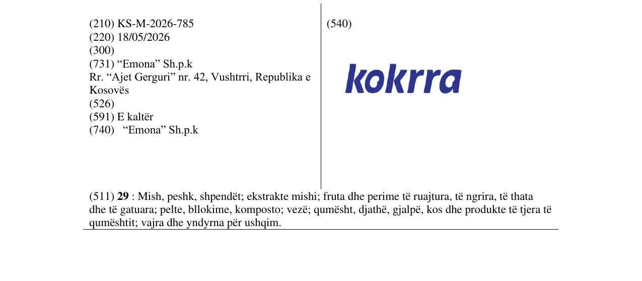 Zëri i markës KS/M/2026/785 në buletin