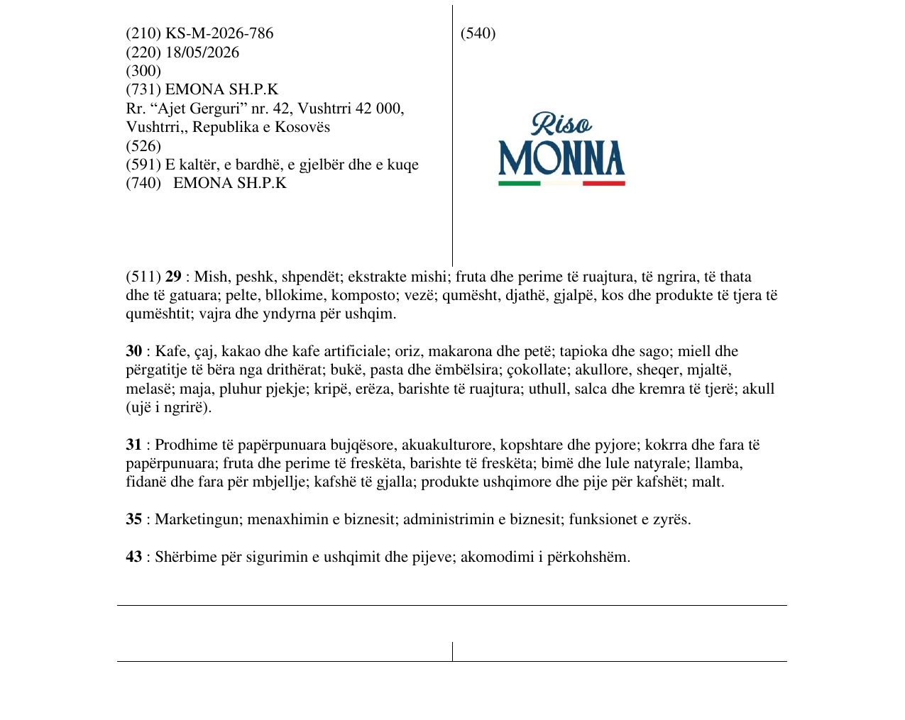 Zëri i markës KS/M/2026/786 në buletin