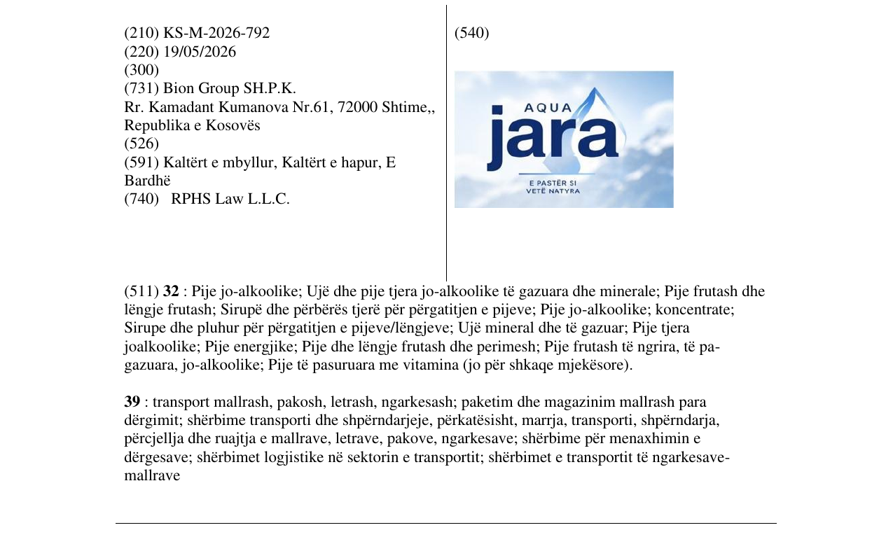 Zëri i markës KS/M/2026/792 në buletin