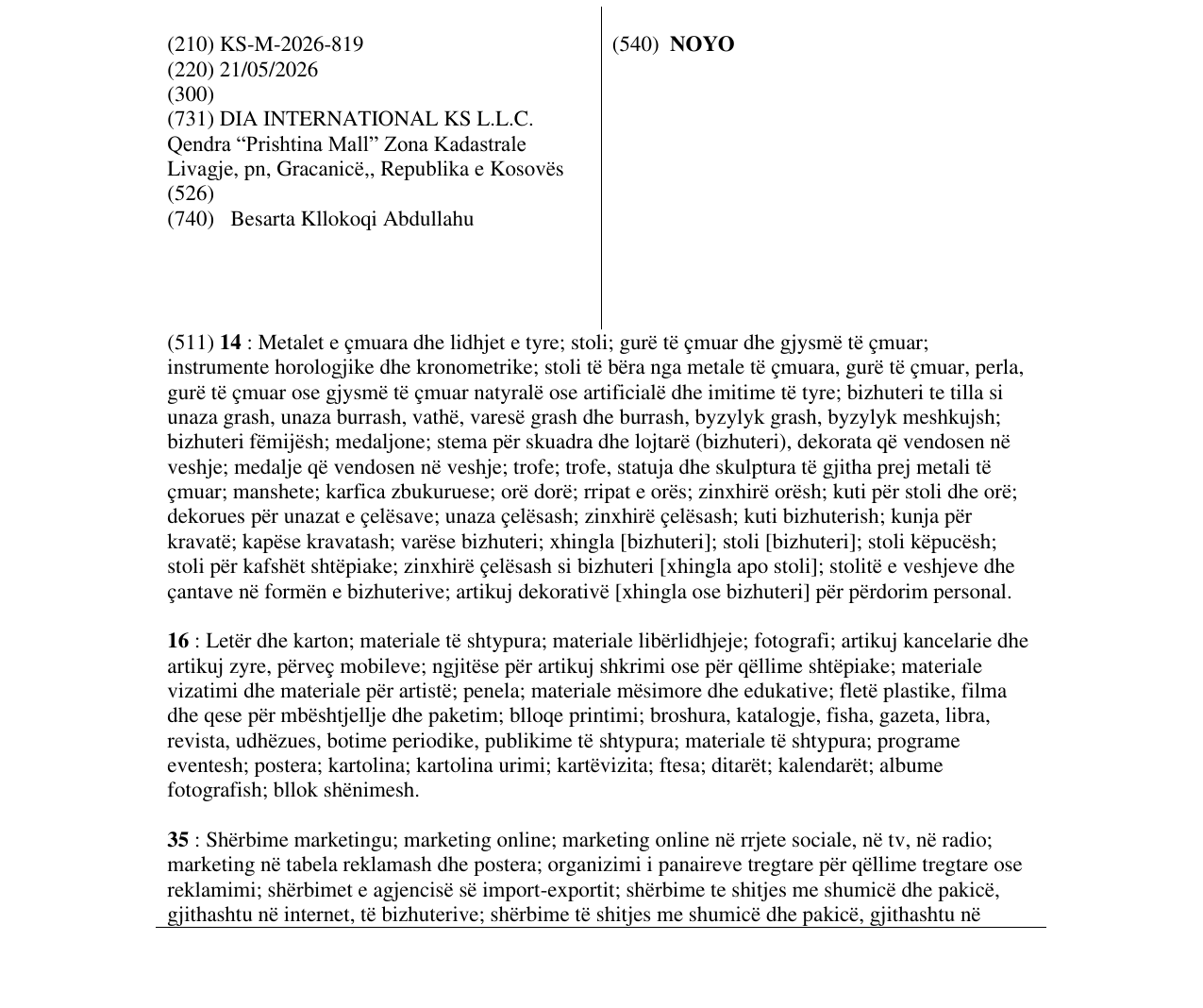 Zëri i markës NOYO në buletin