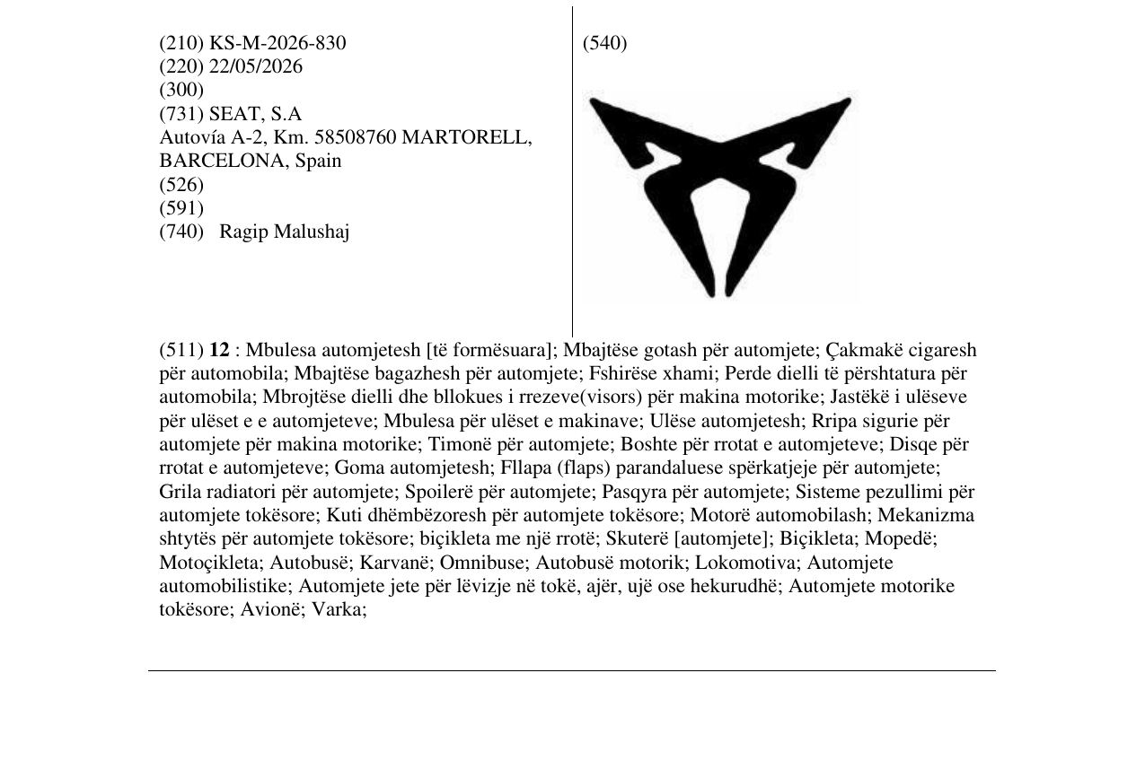 Zëri i markës KS/M/2026/830 në buletin