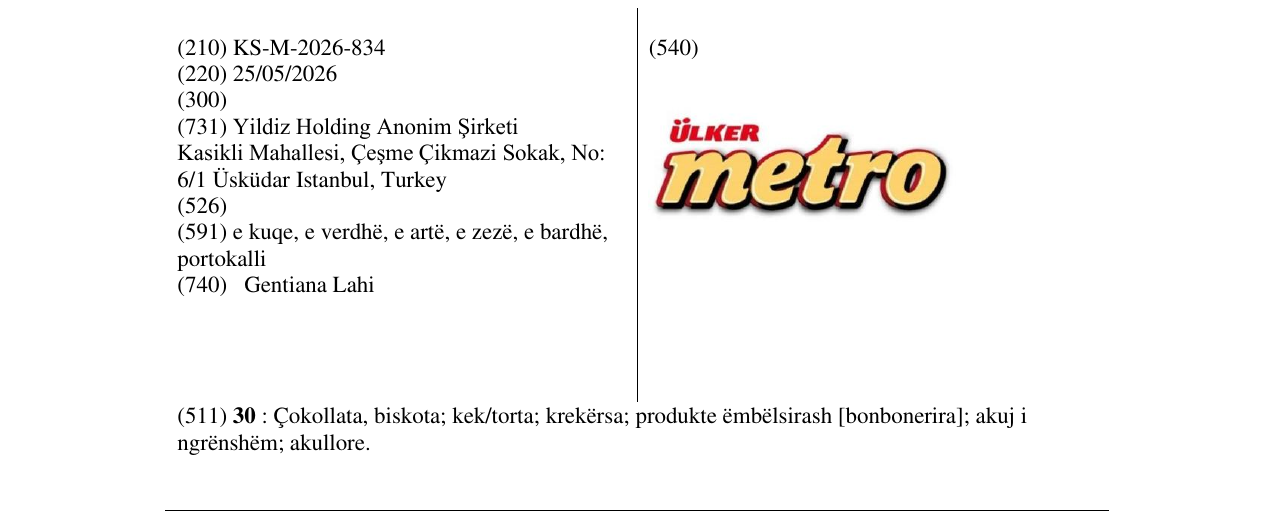 Zëri i markës KS/M/2026/834 në buletin