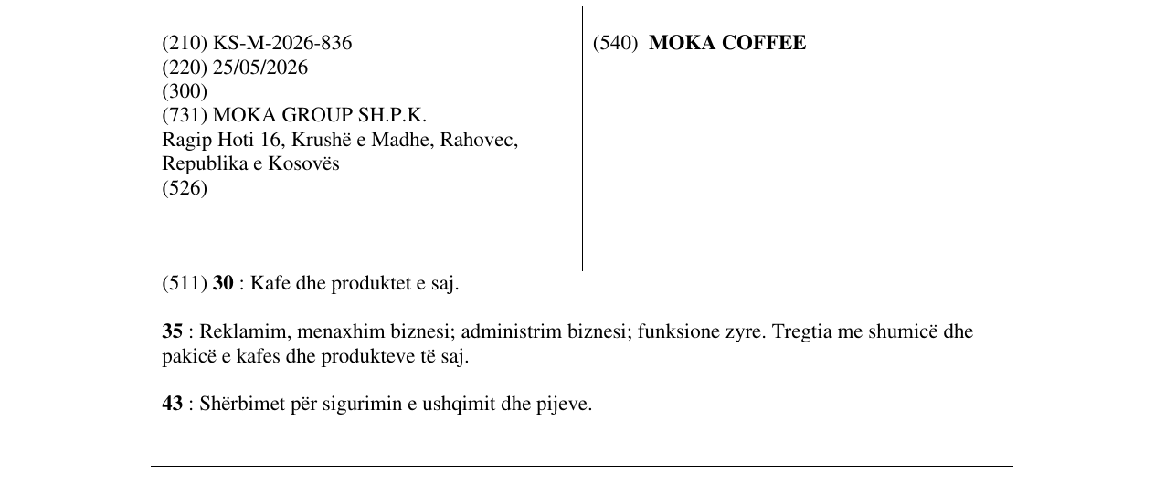 Zëri i markës MOKA COFFEE në buletin
