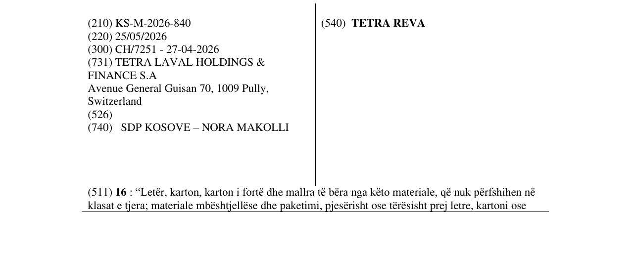 Zëri i markës TETRA REVA në buletin