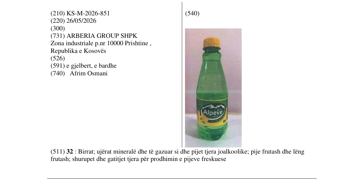 Zëri i markës KS/M/2026/851 në buletin