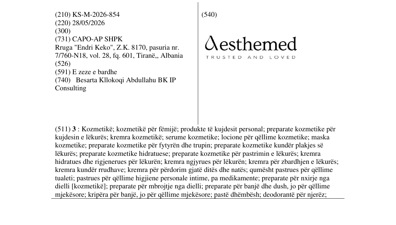 Zëri i markës KS/M/2026/854 në buletin