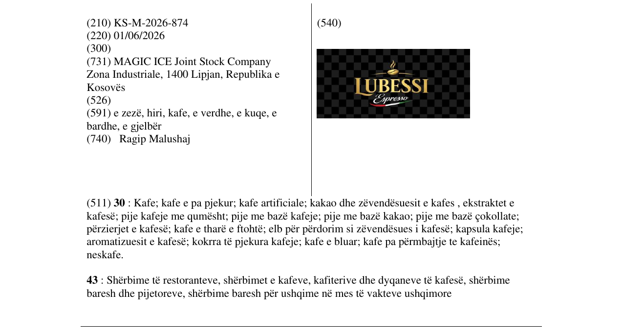 Zëri i markës KS/M/2026/874 në buletin