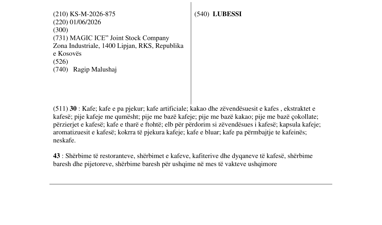 Zëri i markës LUBESSI në buletin