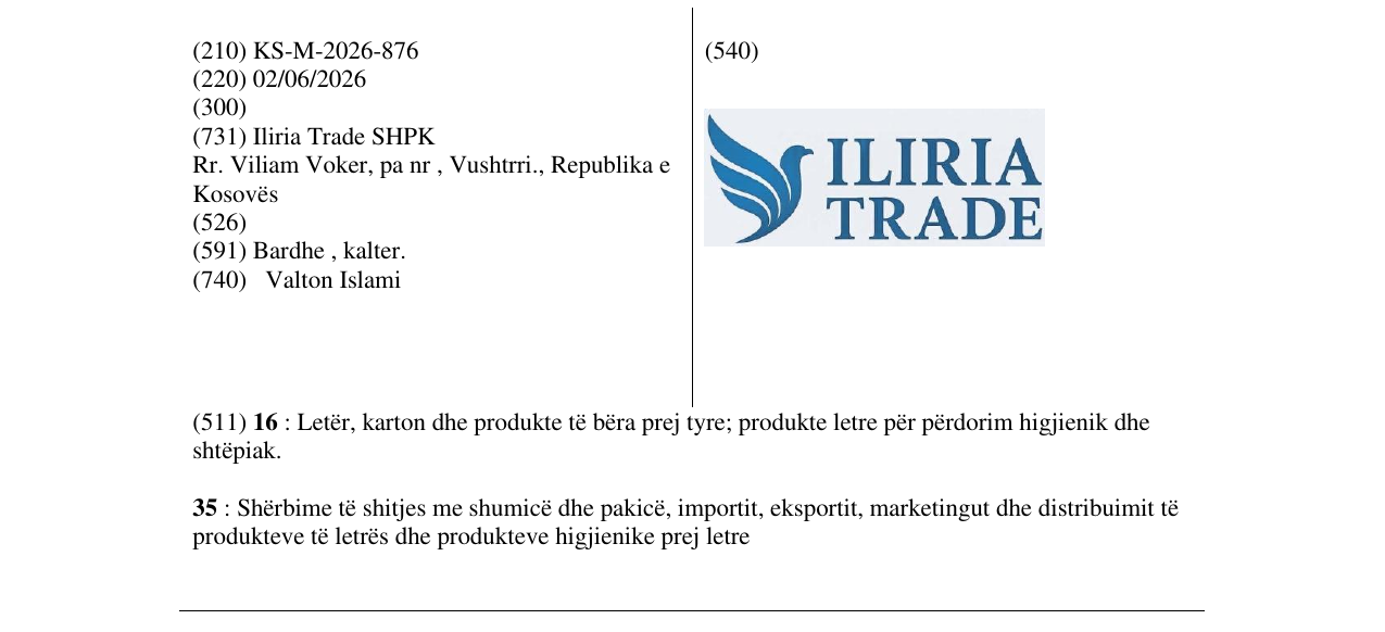 Zëri i markës KS/M/2026/876 në buletin