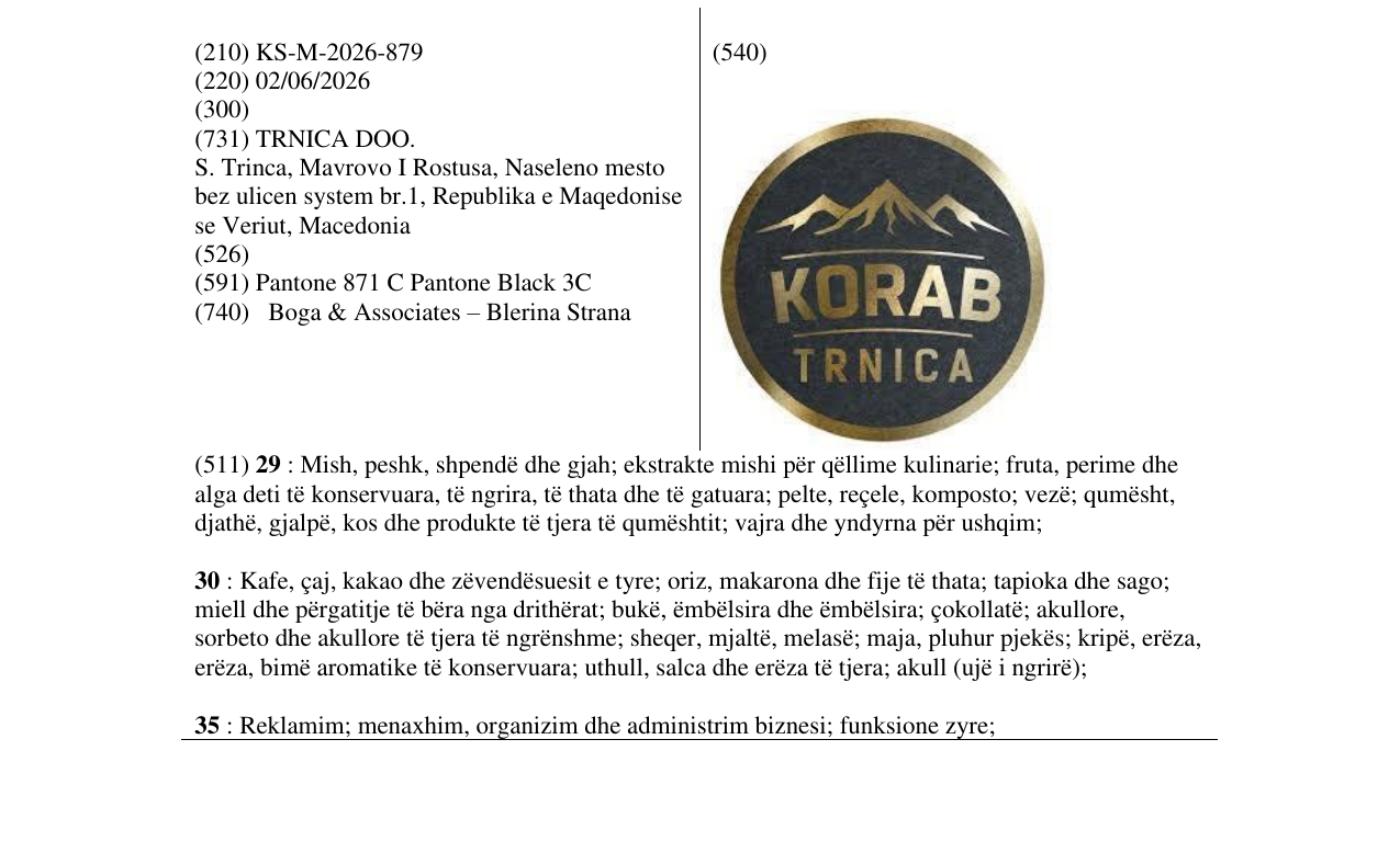 Zëri i markës KS/M/2026/879 në buletin