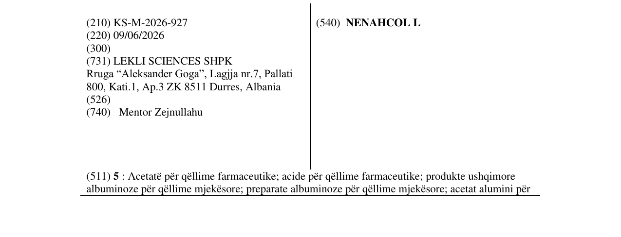 Zëri i markës NENAHCOL L në buletin