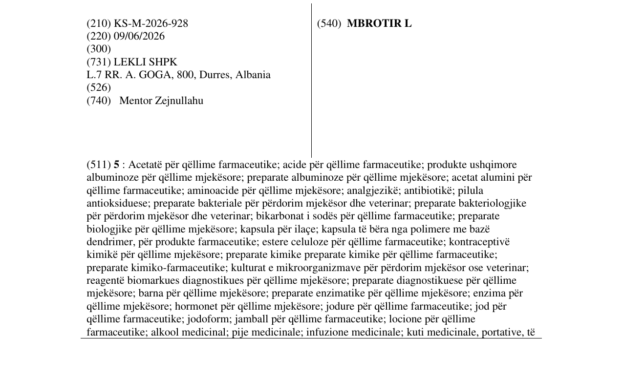 Zëri i markës MBROTIR L në buletin