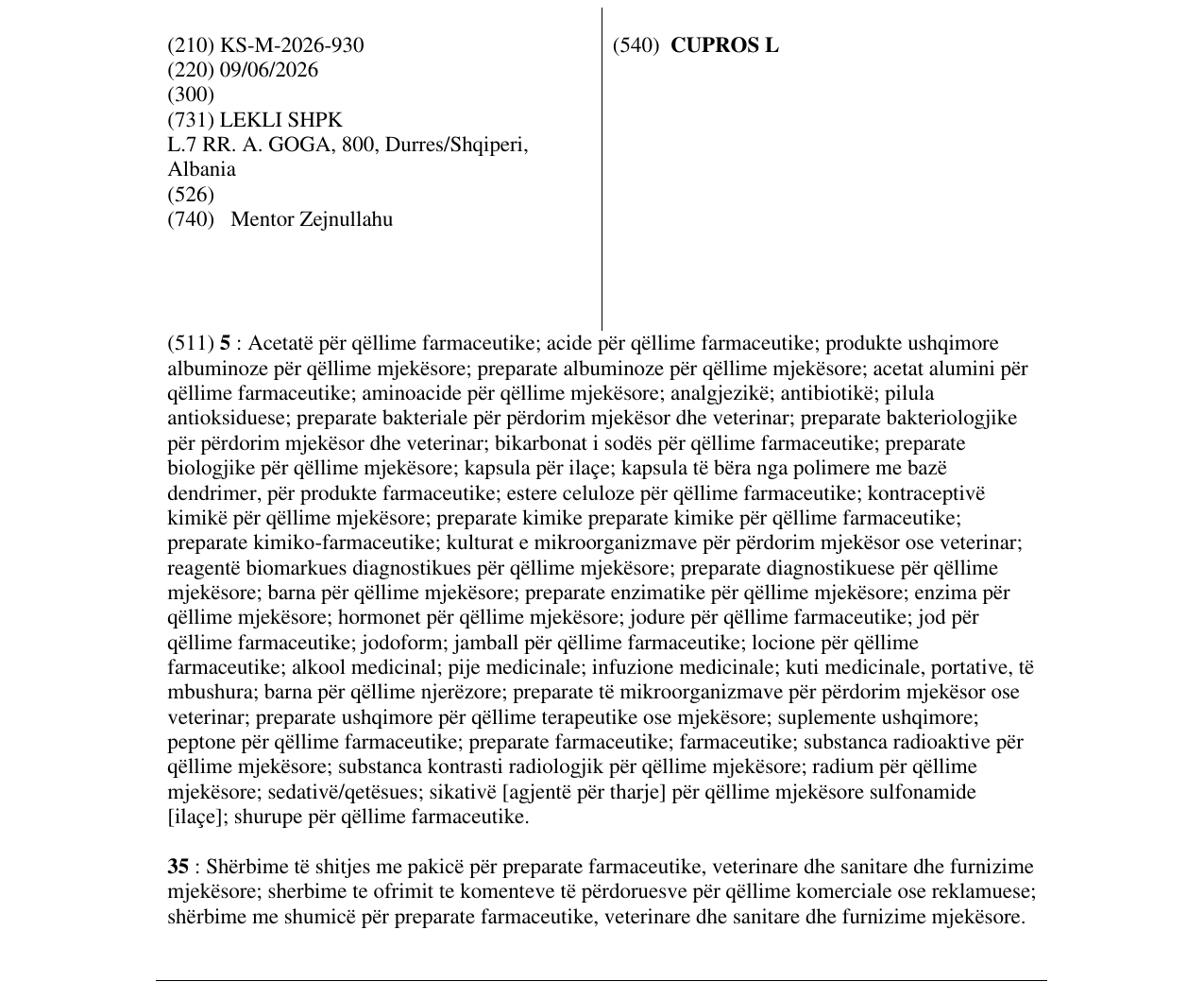 Zëri i markës CUPROS L në buletin