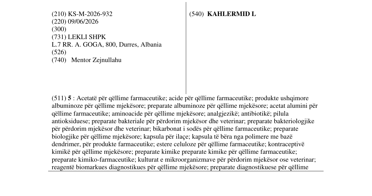Zëri i markës KAHLERMID L në buletin
