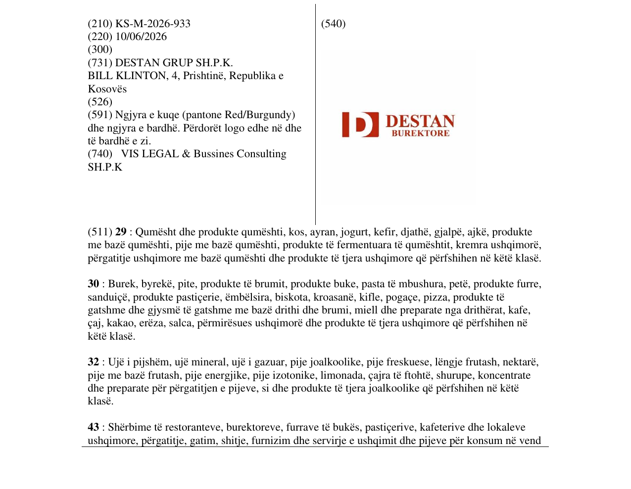 Zëri i markës DESTAN BUREKTORE në buletin