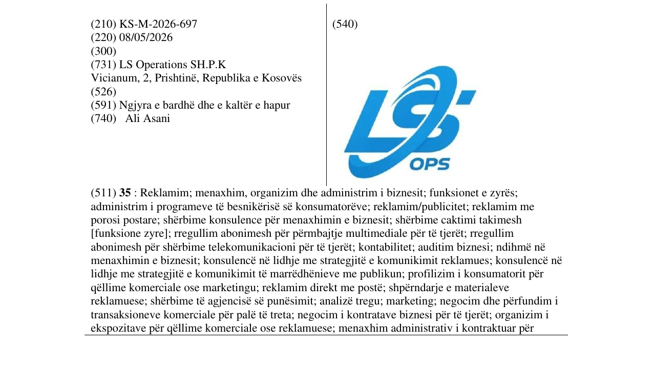 Zëri i markës KS/M/2026/697 në buletin