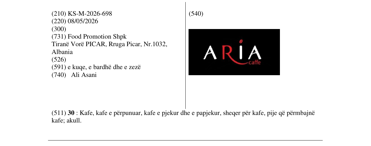 Zëri i markës KS/M/2026/698 në buletin