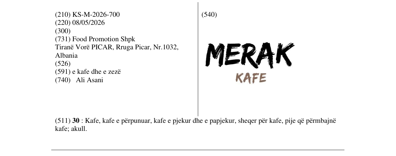 Zëri i markës KS/M/2026/700 në buletin