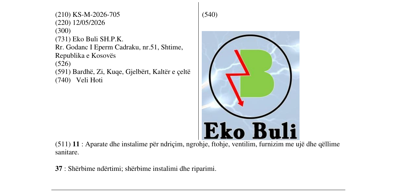 Zëri i markës KS/M/2026/705 në buletin