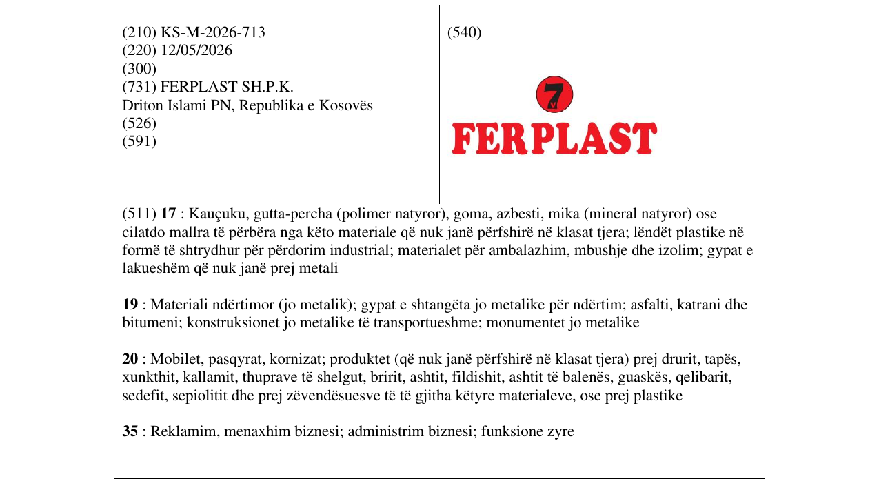 Zëri i markës KS/M/2026/713 në buletin