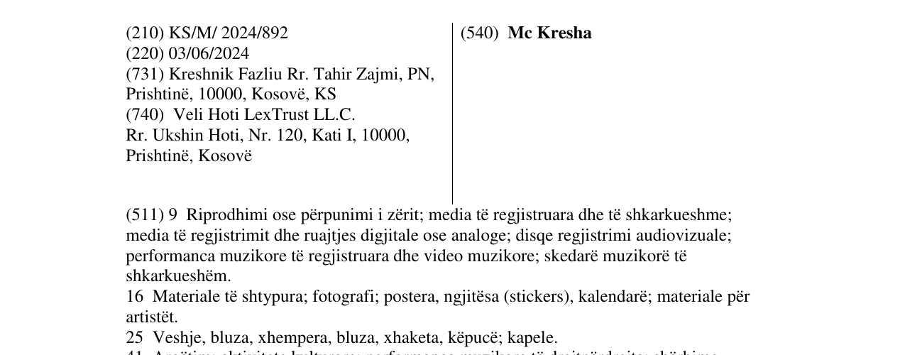 Zëri i markës Mc Kresha në buletin
