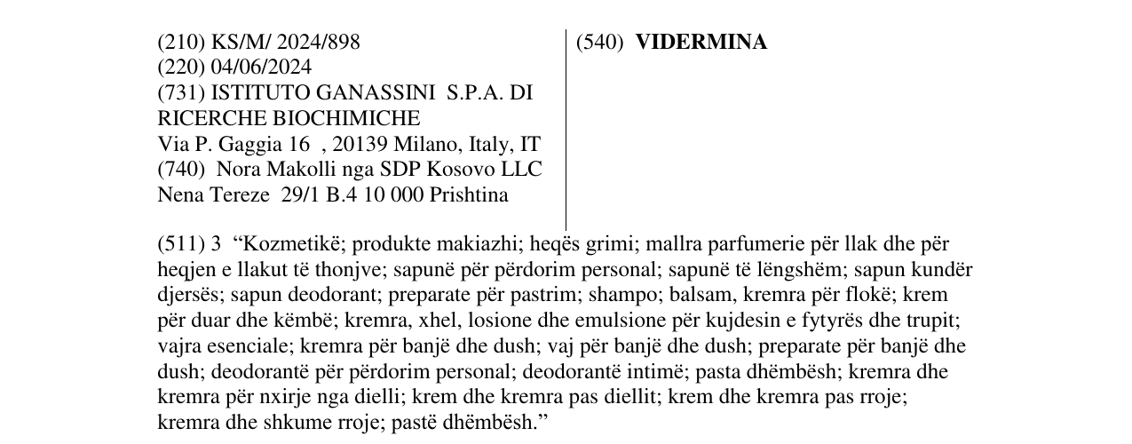 Zëri i markës VIDERMINA në buletin