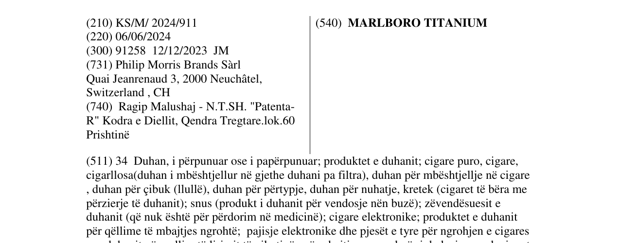 Zëri i markës MARLBORO TITANIUM në buletin