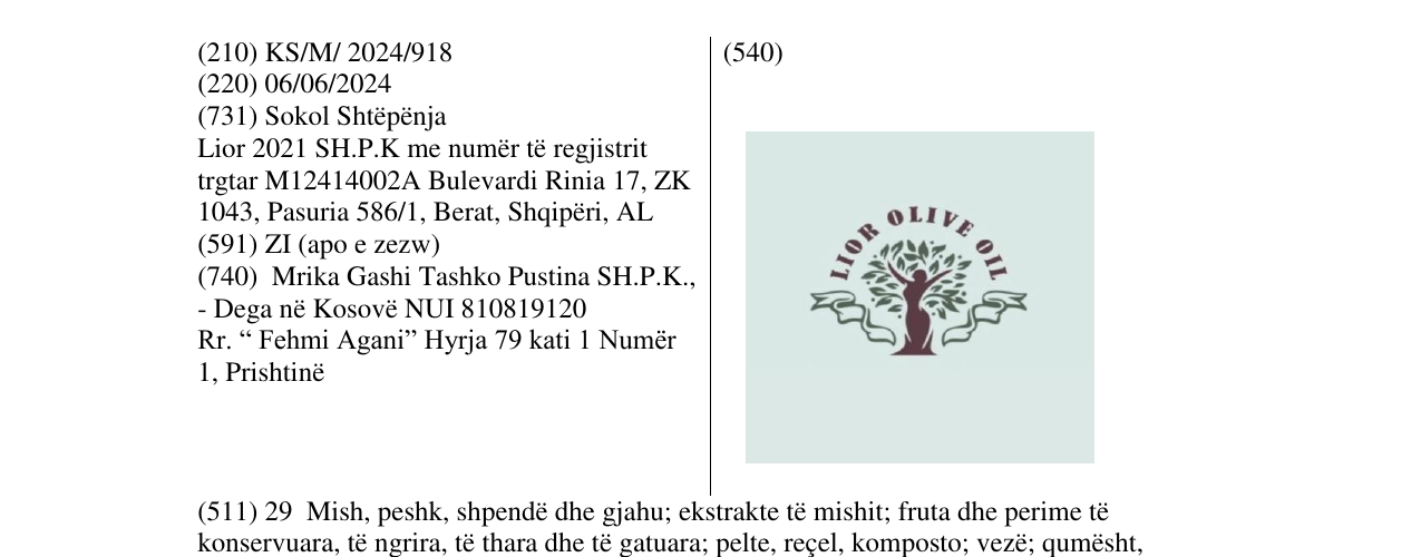 Zëri i markës LIOR OLIVE OIL në buletin