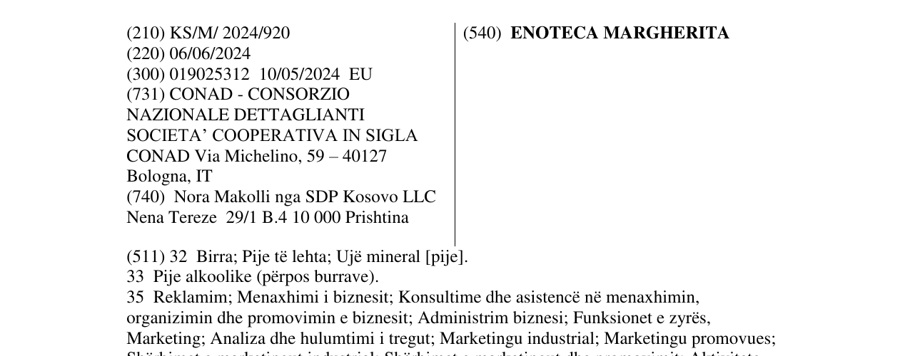Zëri i markës ENOTECA MARGHERITA në buletin