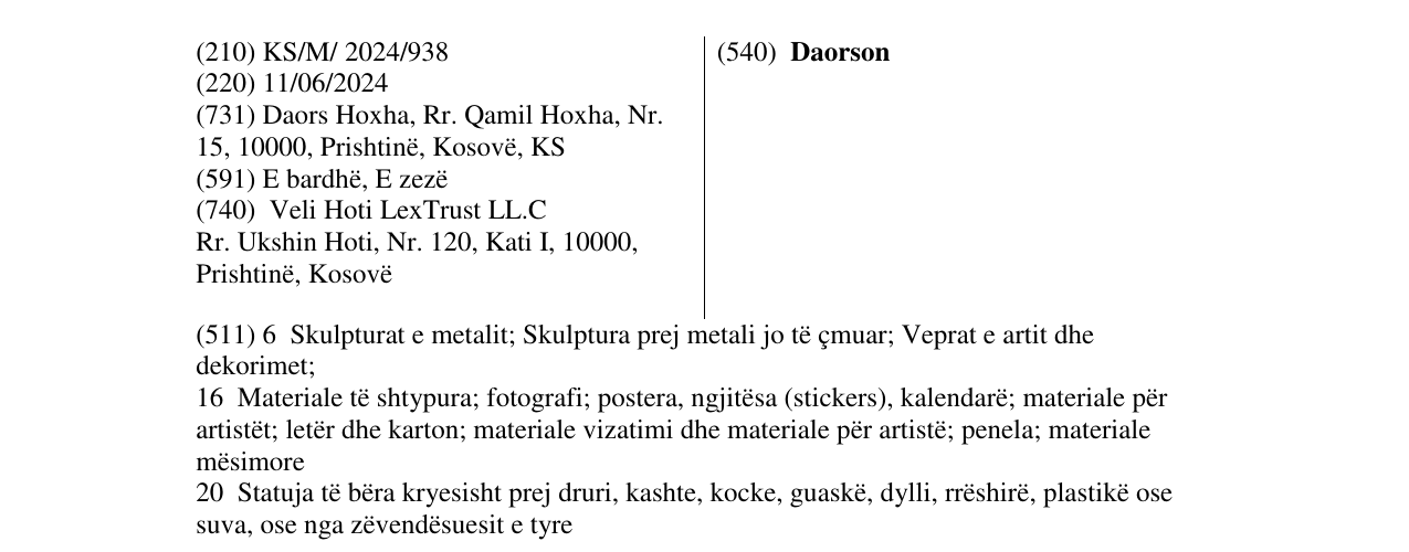 Zëri i markës Daorson në buletin