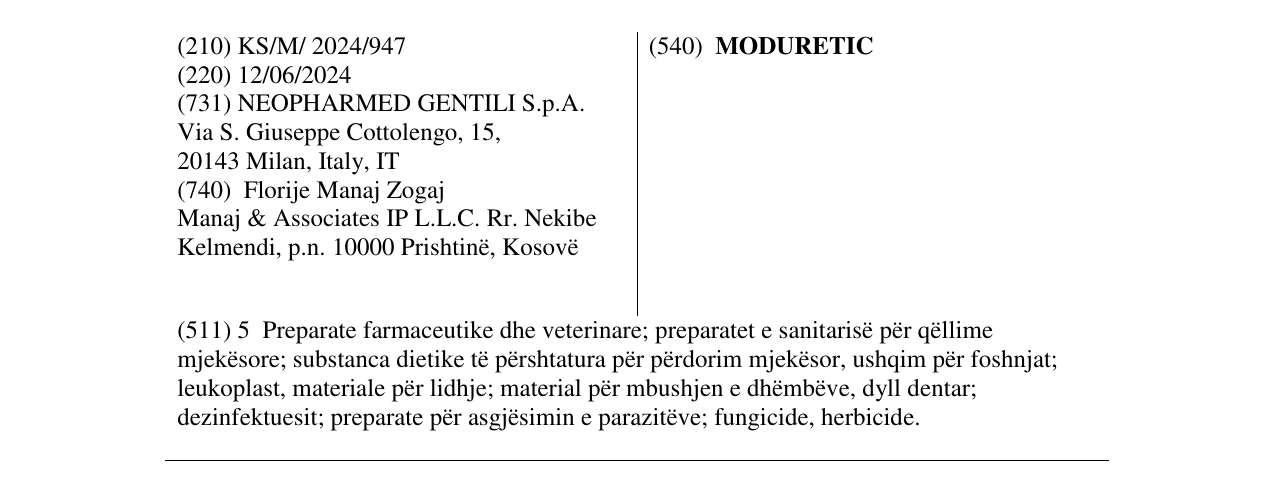 Zëri i markës MODURETIC në buletin