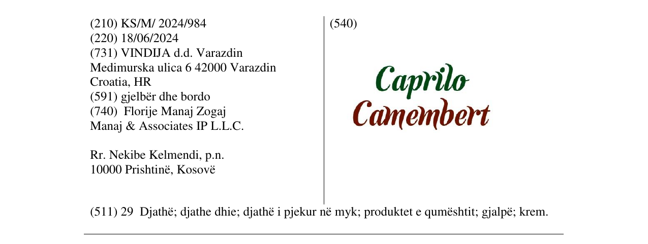 Zëri i markës Caprilo Camembert në buletin
