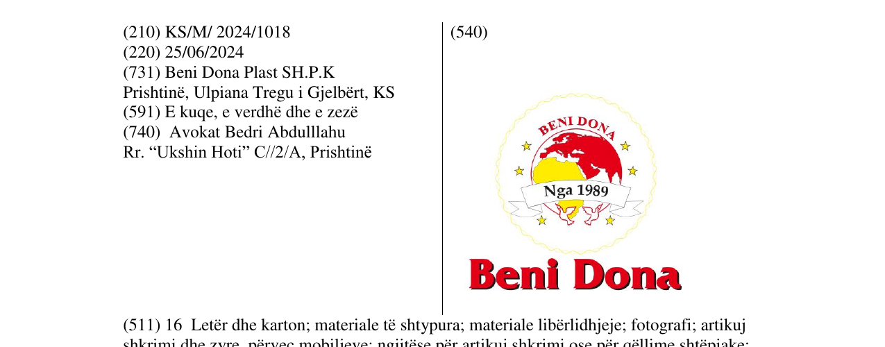 Zëri i markës BENI DONA në buletin