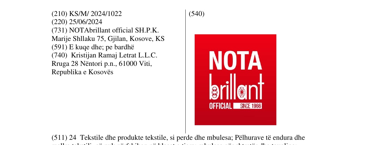 Zëri i markës NOTA brillant OFFICIAL SINCE 1966 në buletin