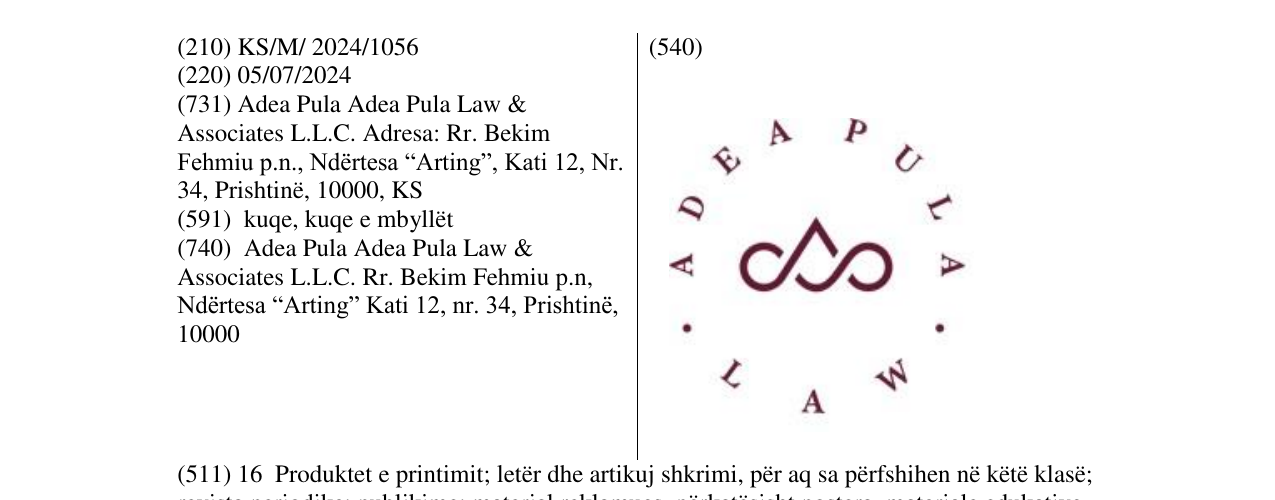 Zëri i markës ADEA PULA LAW në buletin