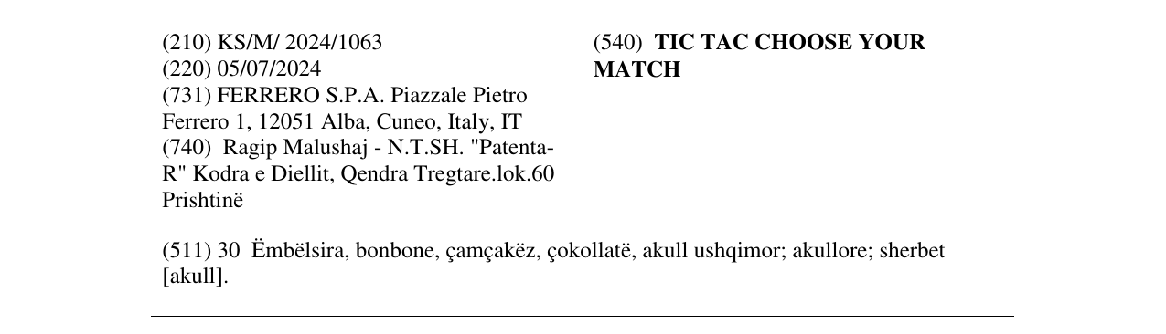 Zëri i markës TIC TAC CHOOSE YOUR MATCH në buletin