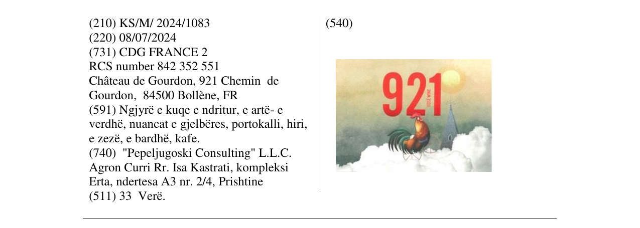 Zëri i markës 921 ROSE WINE në buletin
